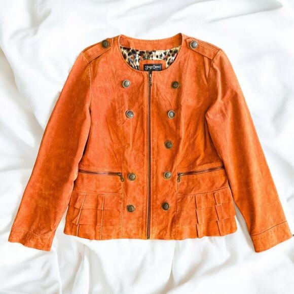Burnt Orange Suede Leather Jacket w Ruffles & Large Buttons by Prosper & Devine - Picture 1 of 9
